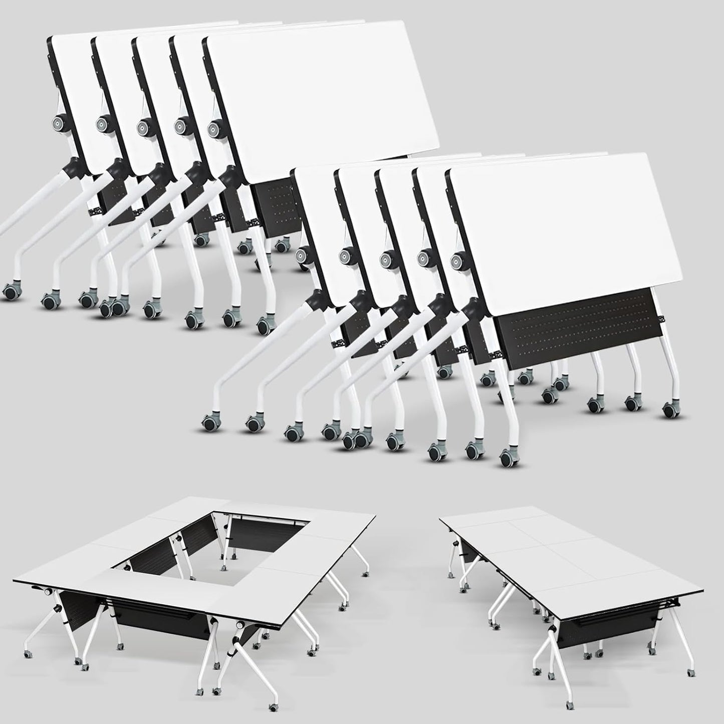 Conference Table, Folding Conference Room Tables, Mobile Training Tables with Silent Wheels, Large Rectangular Modular Seminar Table Office Computer Desks for Classroom White (10Pack L47.2in)