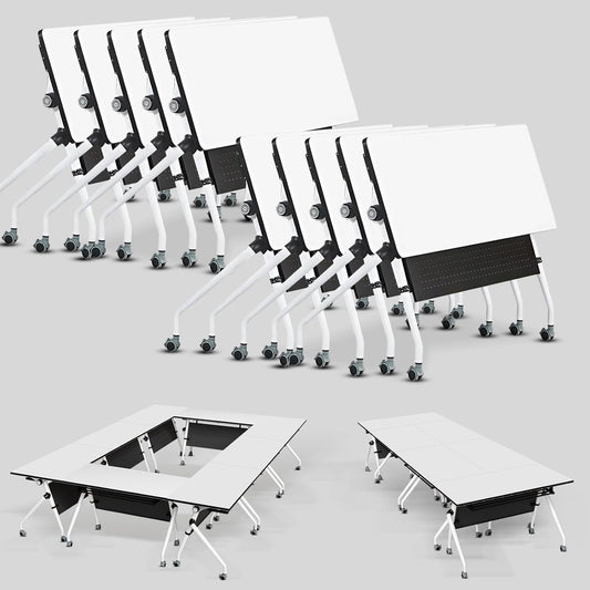 Conference Table, Folding Conference Room Tables, Mobile Training Tables with Silent Wheels, Large Rectangular Modular Seminar Table Office Computer Desks for Classroom White (10Pack L47.2in)