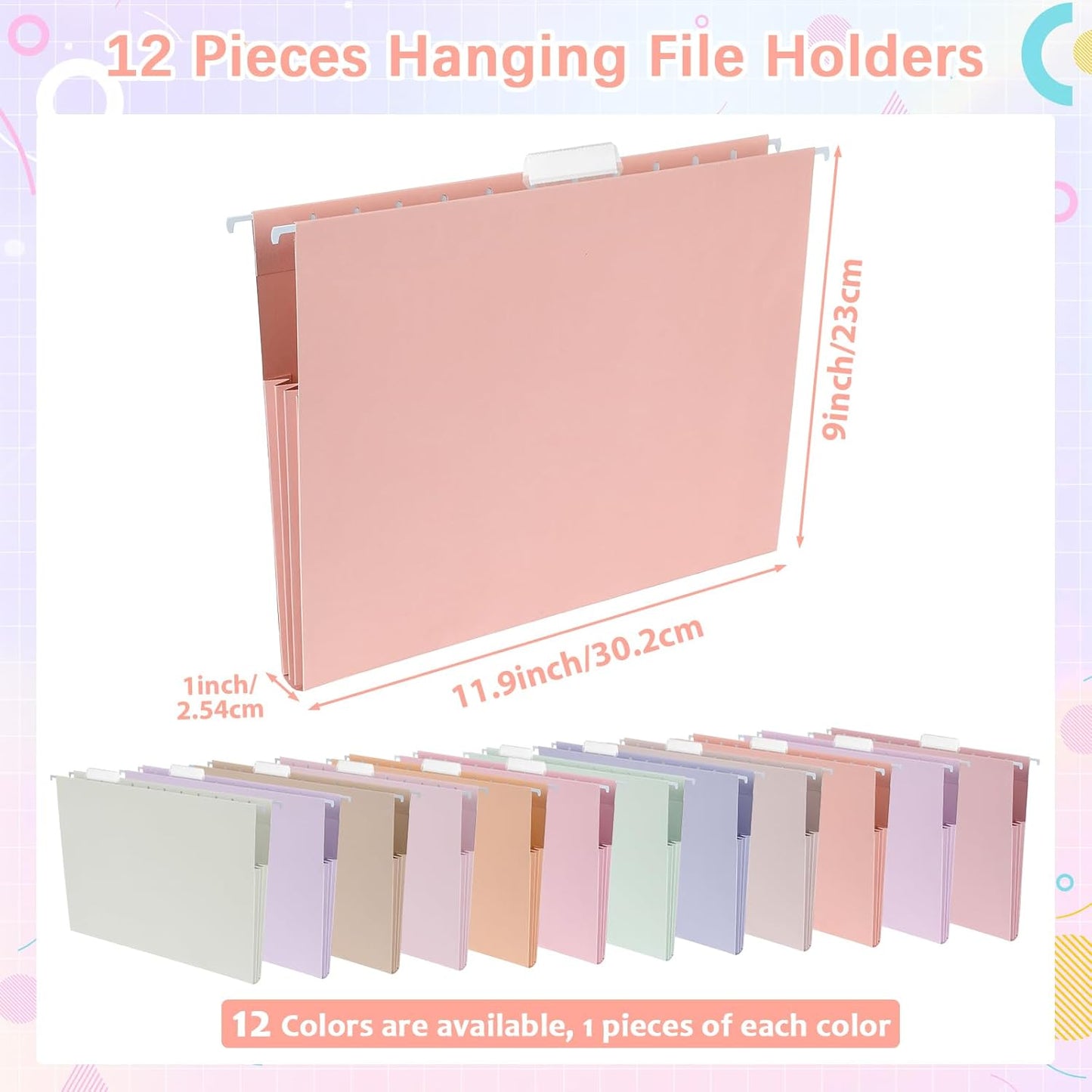 gisgfim 12 Pack Pastel Expanding Hanging File Folders Letter Size Insertable 1/5 Cut Tabs for Filing Cabinets Extra Capacity File Folders Hanging Organizer for Desk Home Office School