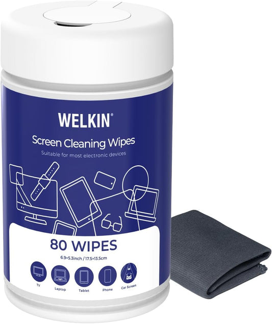 WELKIN 80 Electronics Cleaning Wipes - Non Toxic Screen Cleaner, Streak Free Touchscreen Cleaning for All Phones, Laptop, Computer, TV and Car，1 X Microfiber Cloth Included