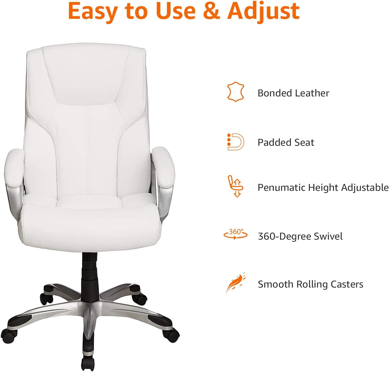 Amazon Basics Executive Home Office Desk Chair with Padded Armrests, Adjustable Height and Tilt, Rolling Swivel Chair, 275 Pound Capacity, White and Pewter