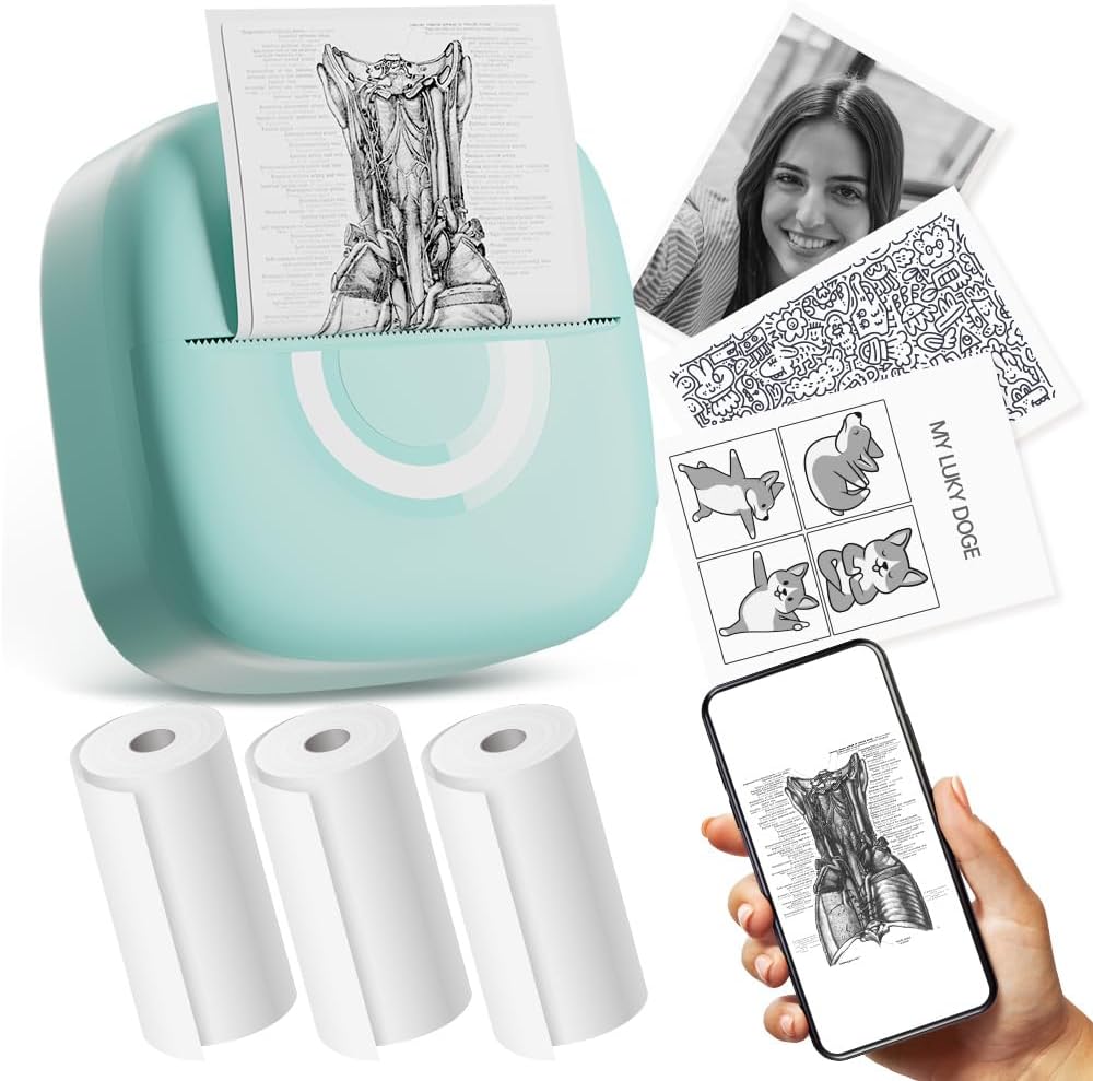 Mini Printer Sticker Thermal Printer with 3 Rolls Paper, Bluetooth Portable Phone Print Pods,Study Sticker Maker for Pictures, Photos, Journals, DIY, Compatible with Phone & Tablet