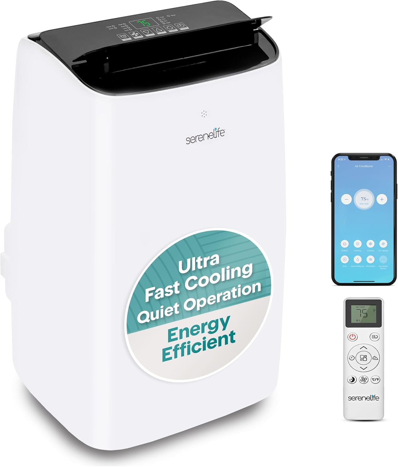 SereneLife 14000 BTU Portable Inverter Air Conditioner, 115V Smart Cooling & Heating with WiFi, Energy Efficient, For Bedrooms, Living Spaces & Offices, 650 Sq Ft Coverage, (White)