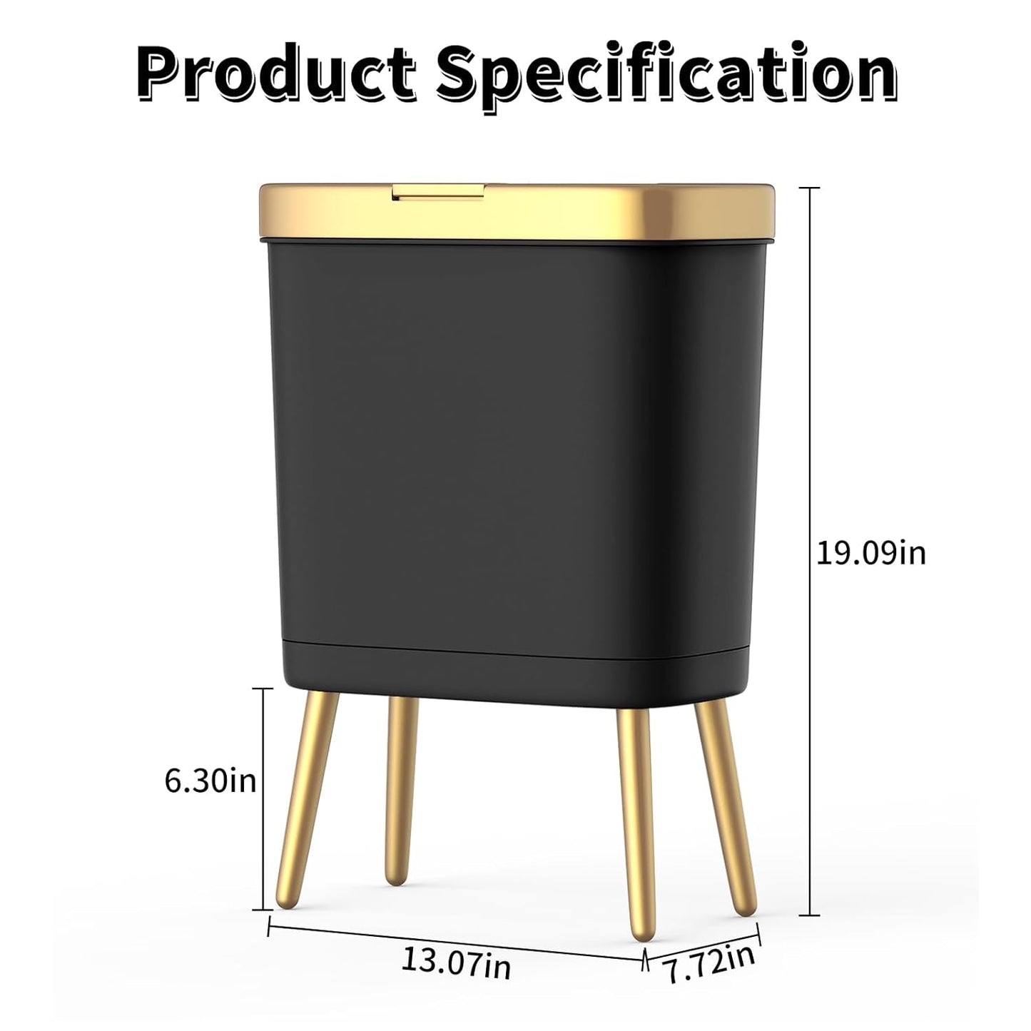 Procade 2Pack Office Trash Can with Lid, 4 Gallon Gold Trash Can Bathroom, Black Garbage Can with Push Button, Narrow Garbage Bin Waste Basket for Bedroom, Kitchen, Toilet