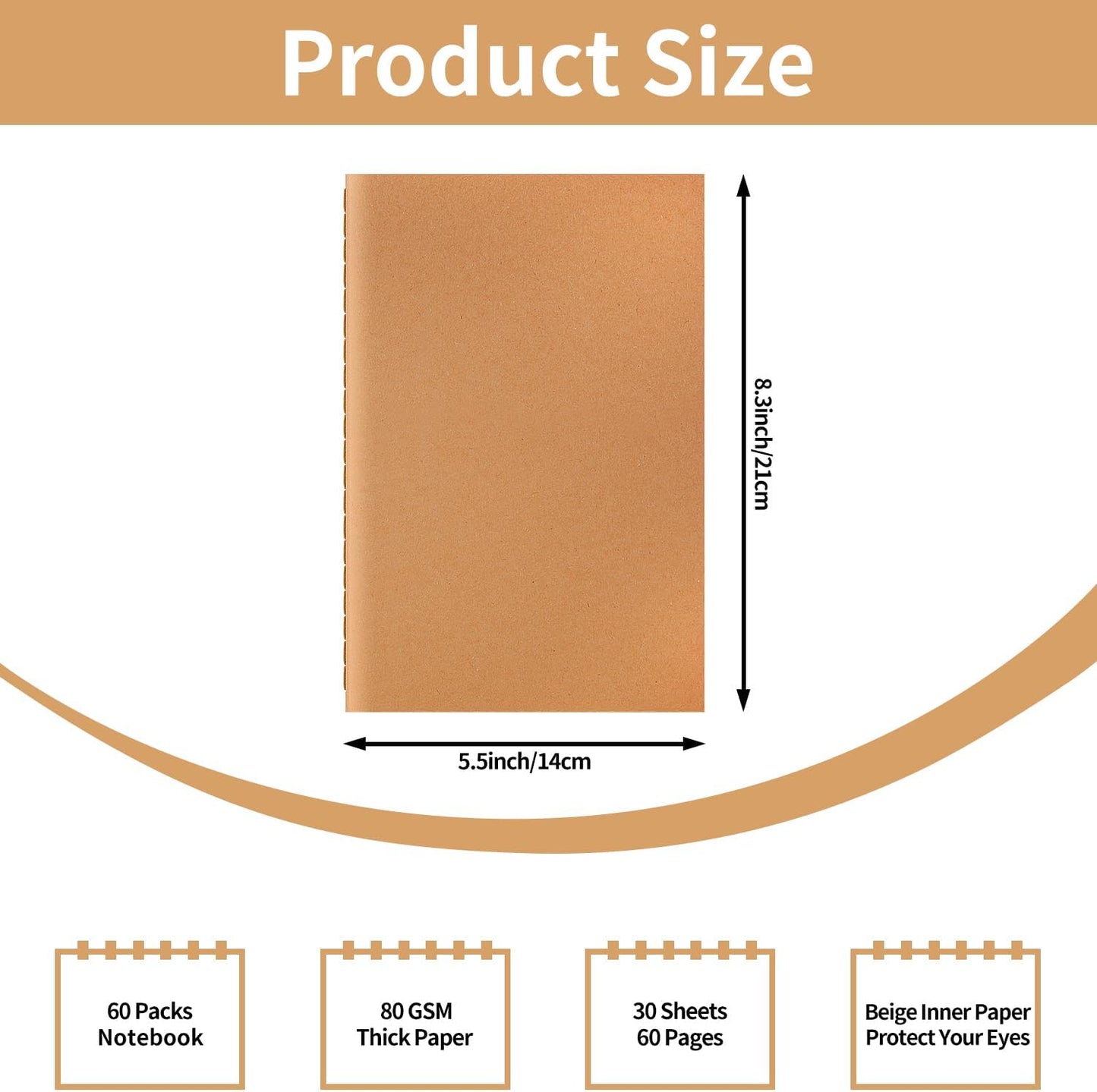 60 Pack A5 Ruled Lined Kraft Notebooks Bulk, Journaling Notebooks, A5 Lined College Ruled Notebook, 8.3x5.5 Inches 60 Pages Travel Journal Notebooks Set for Work, School, Student, Kids, Writing