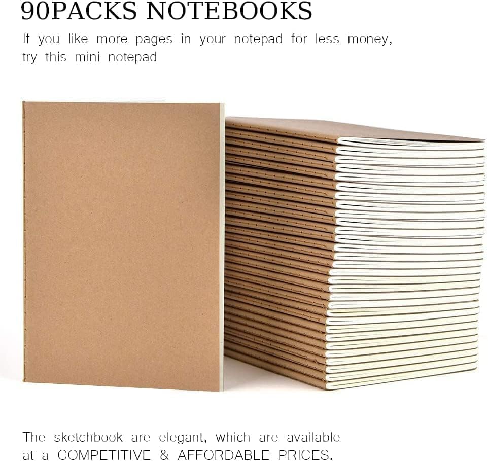 LIONSOUL 90 Pack A5 Blank Kraft Notebooks Bulk, Blank Paper Sketchbooks, Writing Blank Journal Notebook in Bulk, 80 Pages, 8.3x5.5 inch, for Gifts Travelers Office and School Supplies