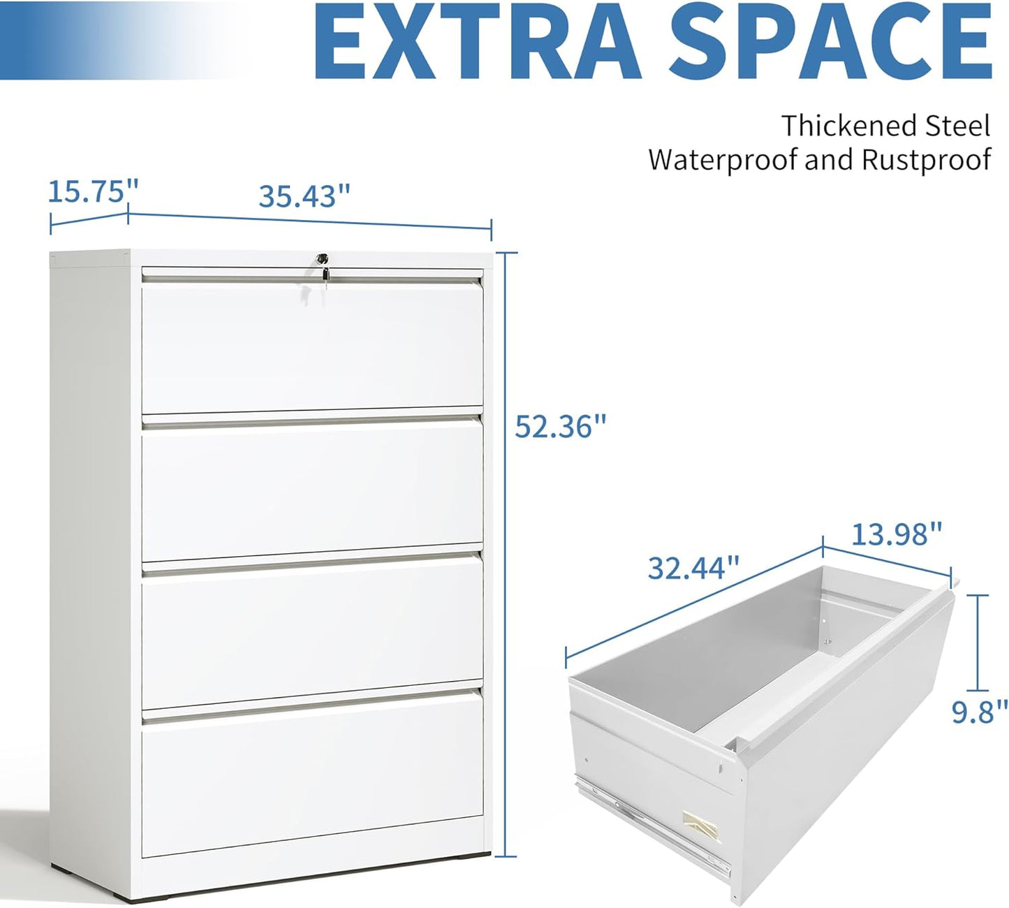 File Cabinets 4 Drawer,Metal Office Storage Filing Cabinet with Lock,White Lateral Filing Cabinet for Home Office,Horizontal Locking File Cabinets for Legal/Letter/A4,Assembly Require,White