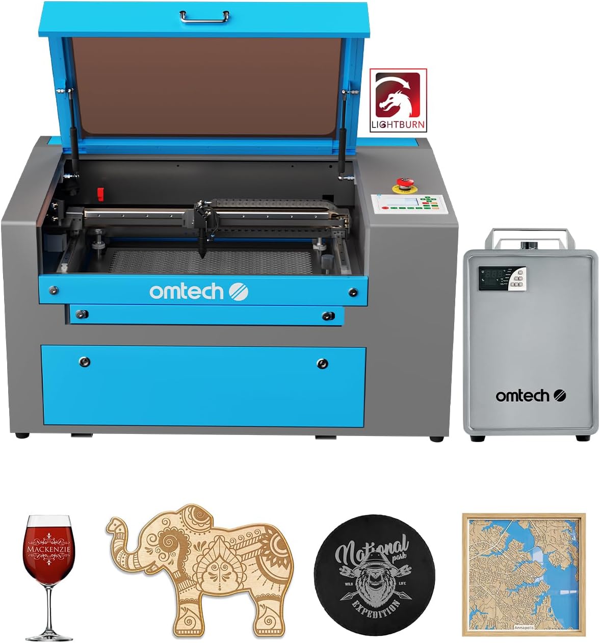 OMTech 90W CO2 Laser Engraver with LightBurn & Water Chiller, 20"x28" Laser Engraving Cutting Machine with 4 Way Pass Through Air Assist Caster Wheel, Commercial Laser Cutter for Wood Glass Acrylic