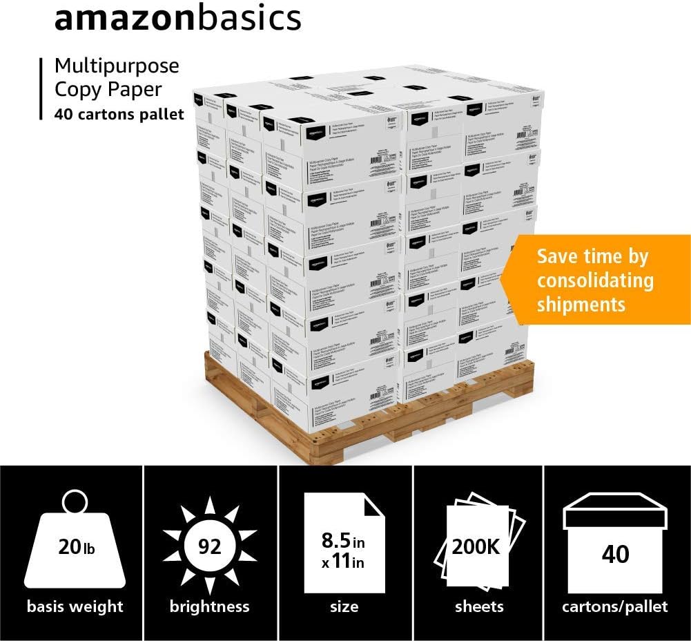 Amazon Basics Multipurpose Copy Printer Paper, 8.5 x 11 Inches, 20 lb, Pallet, 400 Reams (200,000 Sheets), 92 Bright, White