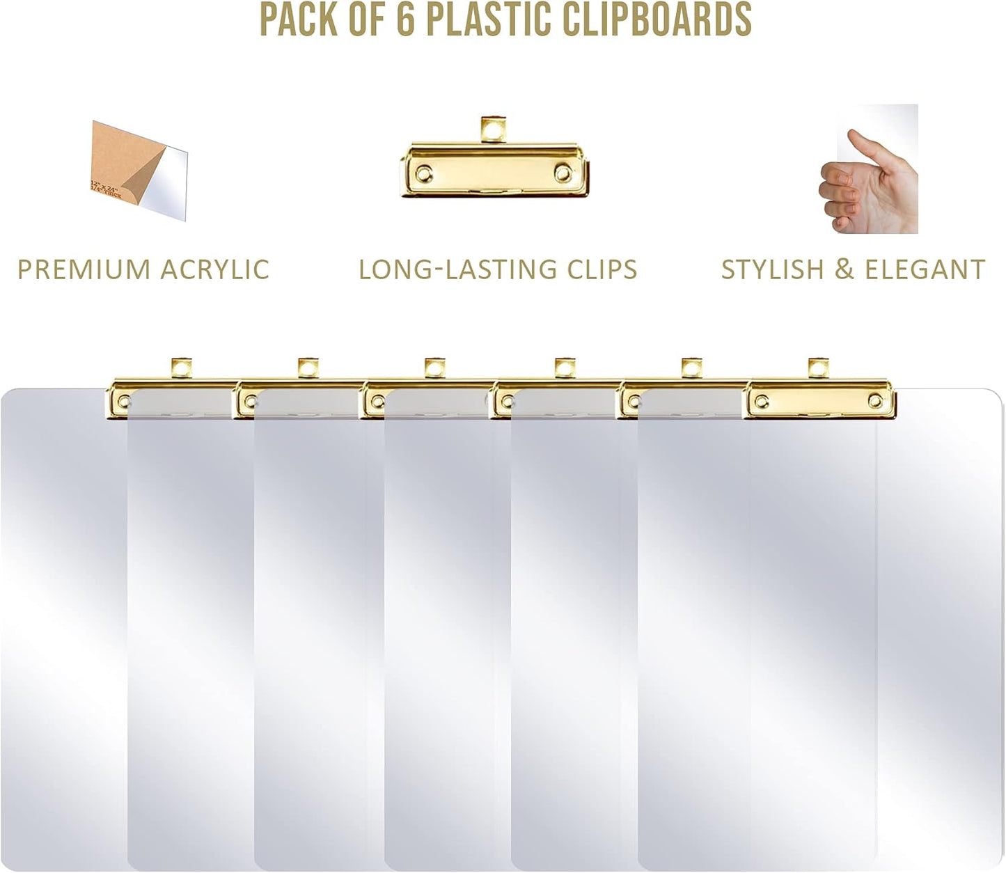 PERFORMORE 6 Pack of Plastic Clipboards, 12” x 9” Clear Acrylic Clipboards with Gold Clip, Durable Stylish Clipboard with Low Profile Clip, Perfect for Home School Classroom Office Events Seminars