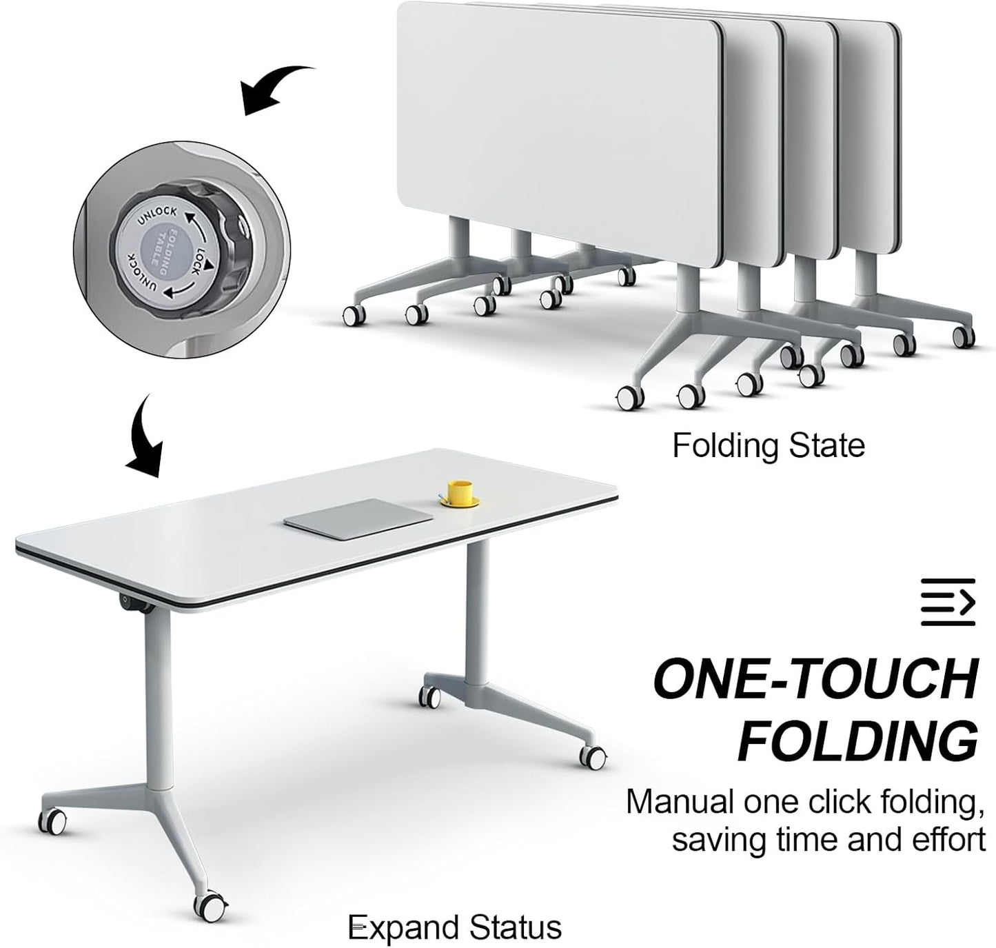 Folding Conference Table, Modern Large Conference Room Tables with Flip-Top Design, Foldable Conference Table Meeting Table with Wheels, Mobile Seminar Training Tables for Office Classroom (6, White)