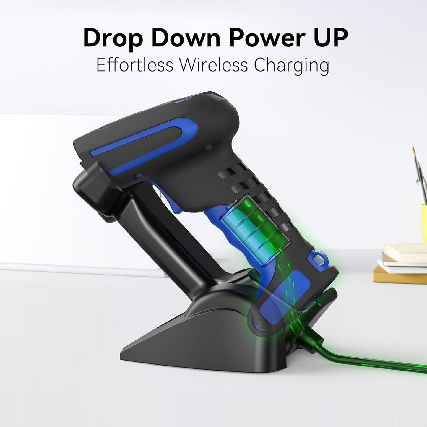 Alacrity Long-Range Scanning Industrial Barcode Scanner, 1D/2D Symbologies, Wireless Charging, Long-Distance 433MHz Wireless & Bluetooth Connectivity, Shock and Dust-Proof Barcode Reader, Green