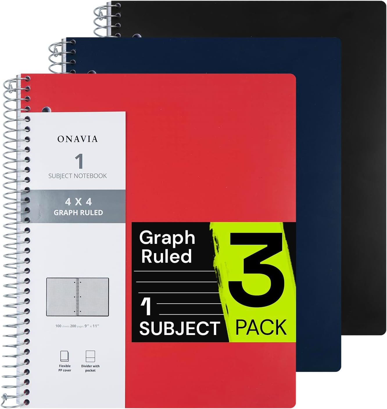 Spiral Notebook for School 3 Pack, 1 Subject, 4x4 Graph Ruled Paper, 100 Sheets, 9" x 11", 1 Divider with Pocket, 3 Hole Punched, Plastic Cover, 1/4" Grid Note Book Bulk, Assorted Colors