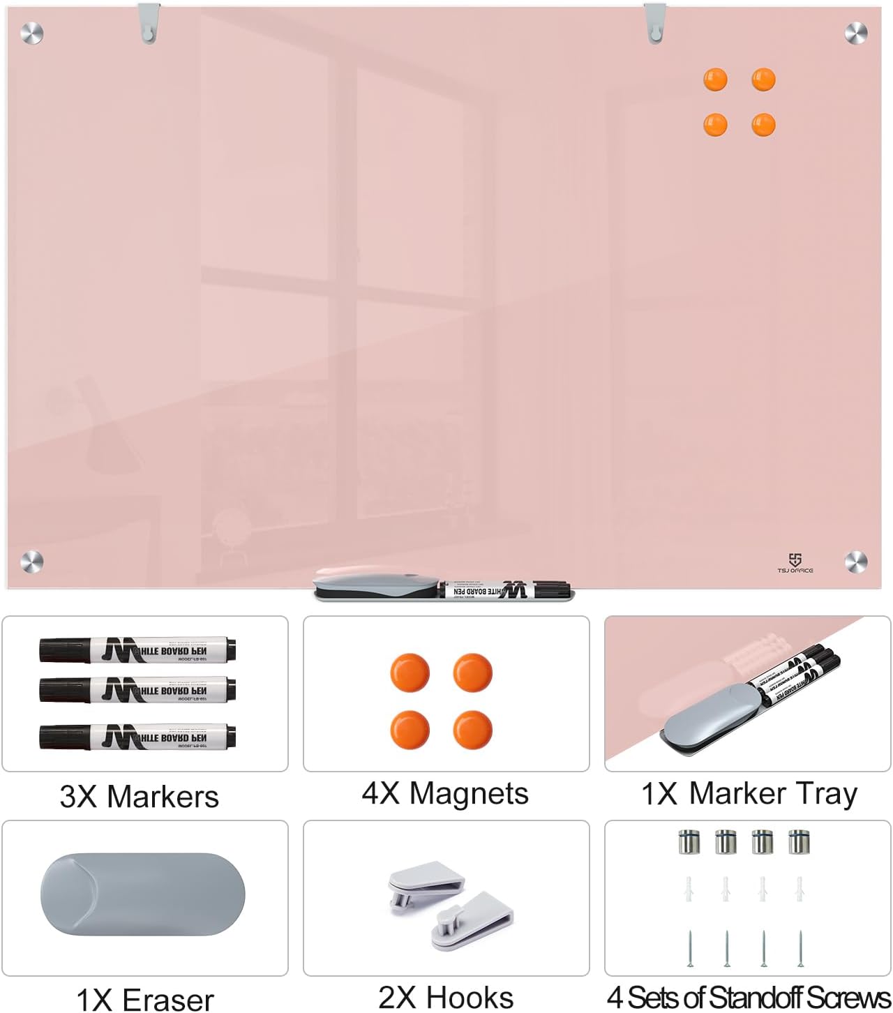 TSJ OFFICE Glass Dry-Erase Board - 36 x 24 Inches Wall Mounted Magnetic Whiteboard, Large Frameless Glass White Board for Office, Home & School, Pink