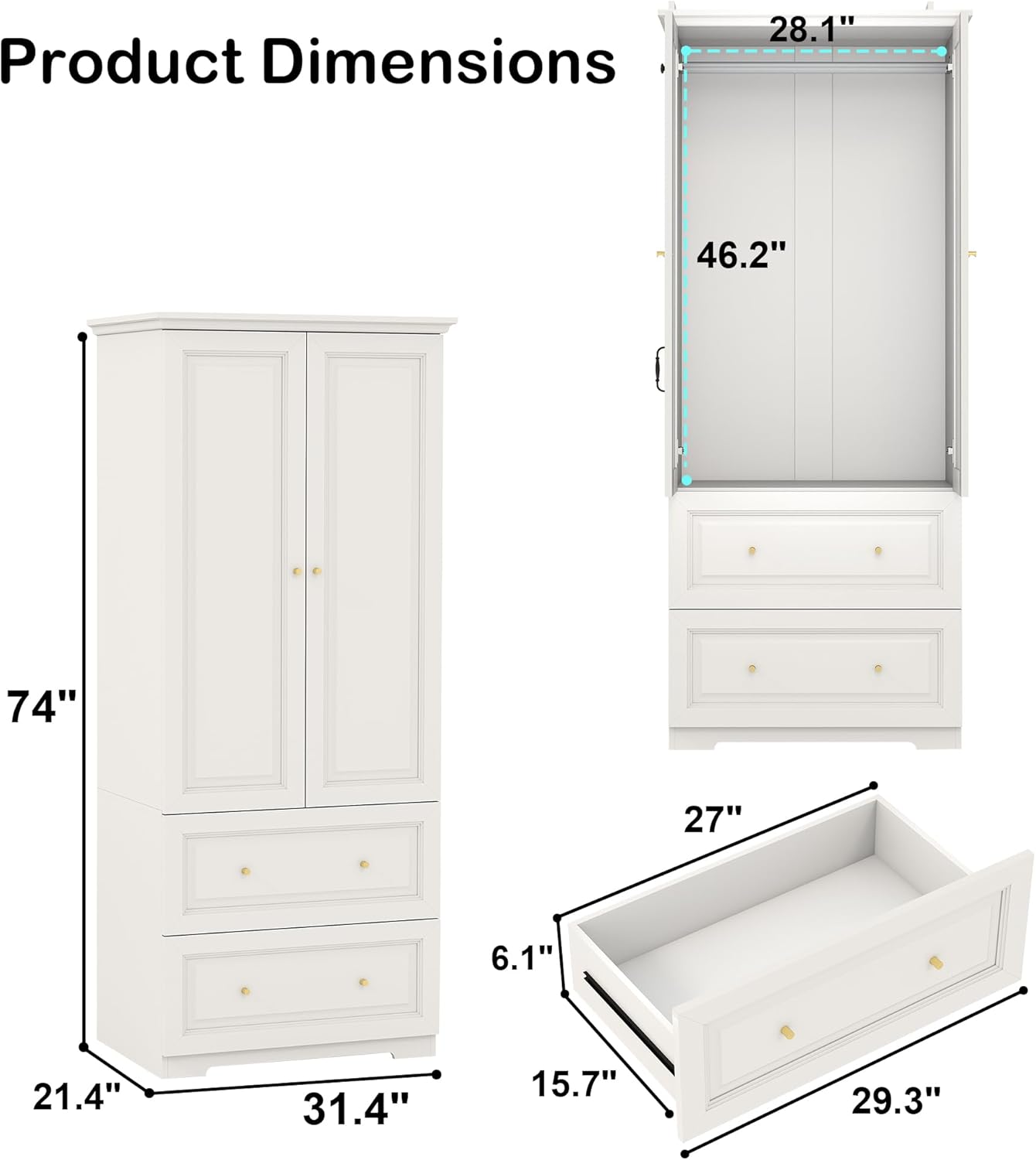 White Armoire Wardrobe Closet with Drawers: Wardrobe Closet for Hanging Clothes, Modern Bedroom Armoires with Hanging Rod, Wardrobes Closets with Doors and Shelves (White, 31.5")