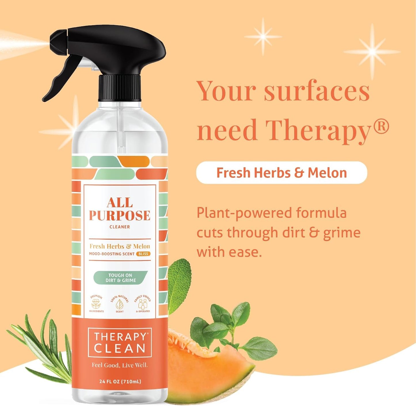 Therapy Clean All Purpose Cleaner 24 fl oz (Fresh Herbs & Melon) (6-Pack) - Multi Surface Cleaning Spray, Kitchen Cleaner, Household Multipurpose, Dusting Spray
