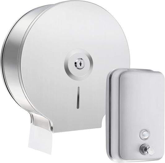 2 Pcs Commercial Soap Dispenser and Paper Towel Dispenser Set with Lock-Stainless Steel,Wall Mount,Large Capacity Manual Liquid Pump Rust Proof Leak Free for Home Bathroom (500 ml,Style 3)