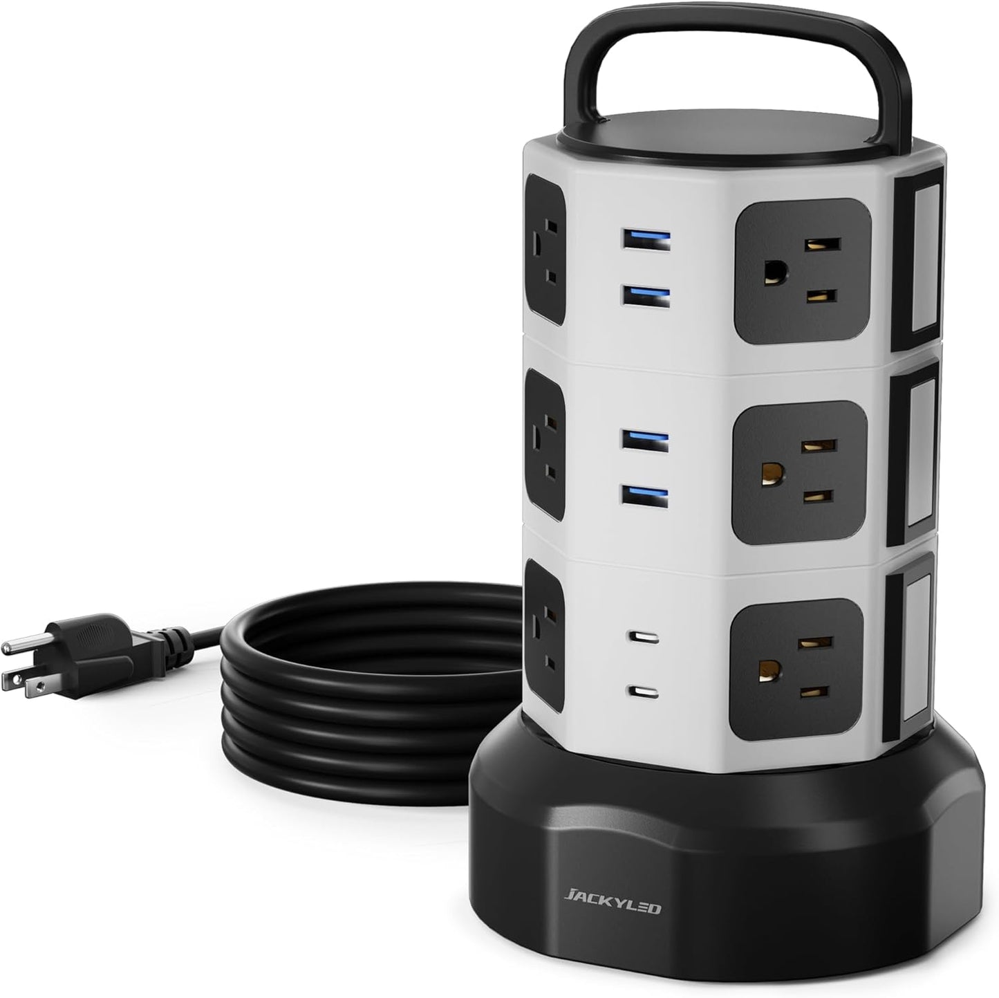 【10ft】 Power Strip Tower JACKYLED Surge Protector Electric Charging Station with 13A 12 Outlets 6 USB Ports Heavy Duty Extension Cord for Home Office Computer Nightstand Laptop Phone White Black