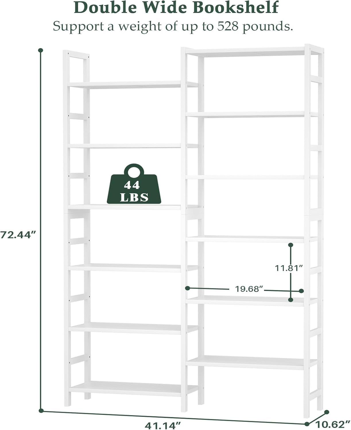 Homykic Double Wide Bamboo Bookshelf White, 6-Tier Large Open Bookcase with 12 Display Shelves, 6ft Tall Freestanding Book Shelf for Home Office, Bedroom, Living Room, Plants