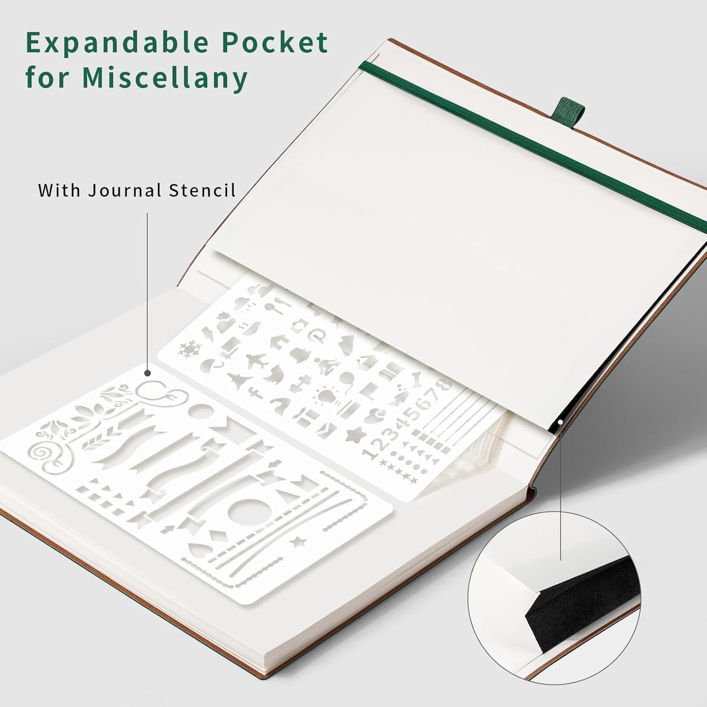 AHGXG Bullet Dotted Journal - Dot Grid Notebook Journal, 120 GSM Thick Acid-Free Paper, Large B5 Dotted Notebook 96 Pages, Leather Softcover, Inner Pocket, Journal Stencil, 7.6'' X 10'' - Green