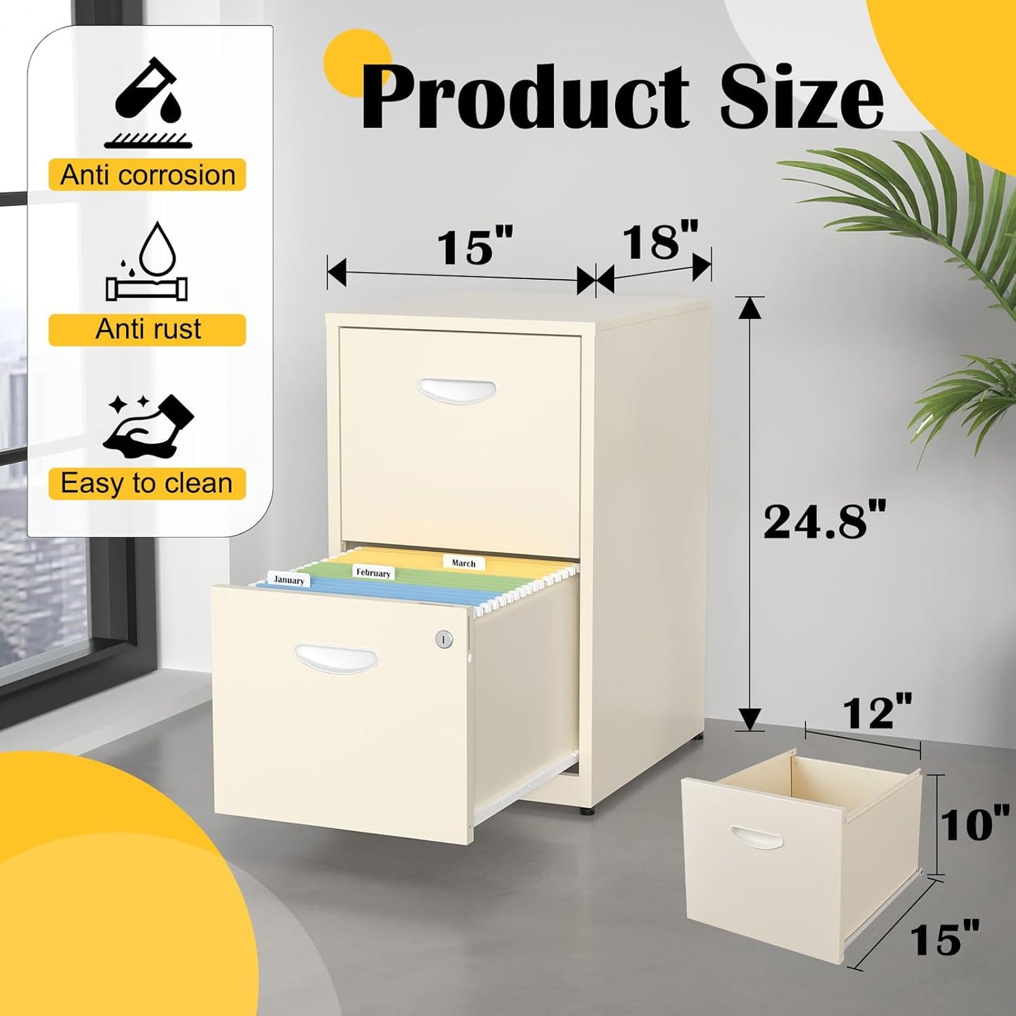 2 Drawer File Cabinet with Lock,Metal File Cabinets for Home Office,Two Drawers Cream Filing Cabinets for Home Office, Office File Cabinets for Hanging Letter,Easy Assemble