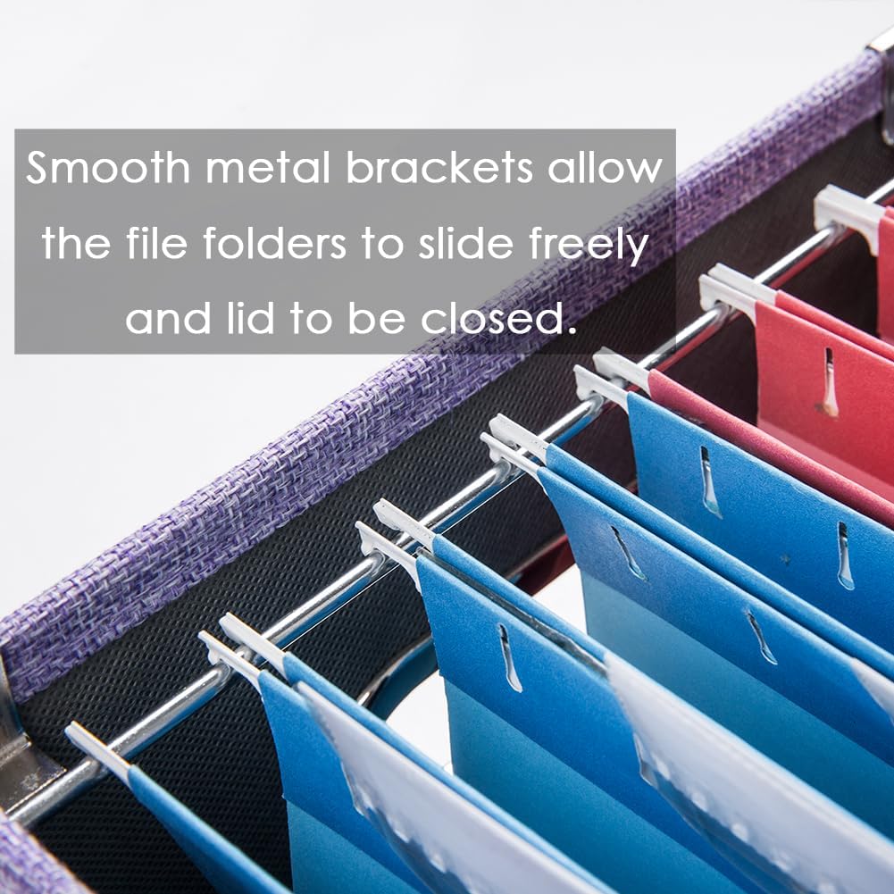 PRANDOM File Organizer Box - Set of 4 Collapsible Decorative Linen Filing Storage Hanging File Folders with Lids Office Cabinet Letter Size Purple (14x9.3x10.8 inch)