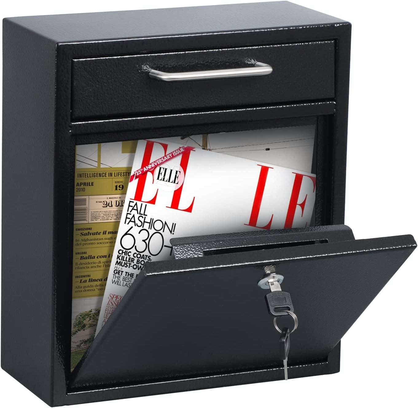 xydled Steel Mailbox Wall Mount, Medium Locking Mailbox with Key Lock, Lock Mail Boxes for Outside, Security Key Drop Box, Collection Boxes, 13.4H x 11.6L x 5.6W Inches, Black, Large
