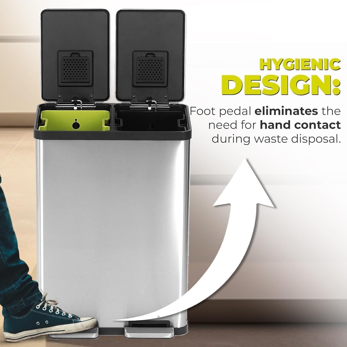 SIMPLI-MAGIC 16 Gallon (60L) Dual Compartment Step Trash Can – Kitchen Garbage Can with Waste & Recycling Bins – Slow-Close Lid, Odor Control, Hands-Free, Inner Bases, Premium Stainless Steel