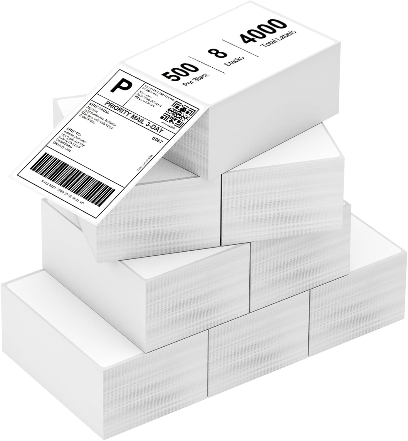 8 Stacks 4" x 6" Fanfold Direct Thermal Labels, 4000 Labels (500/Stack), Compatible with Zebra, Rollo, MUNBYN, NELKO Printers