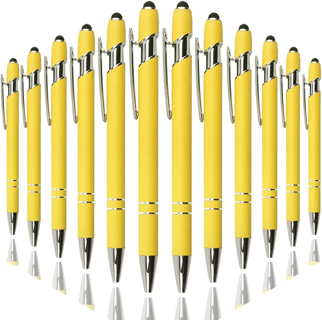 Ballpoint Pen with Stylus Tip, Soft Touch Click Metal Pen, 1.0mm Medium Point, Black Ink, 12 Count(Yellow)