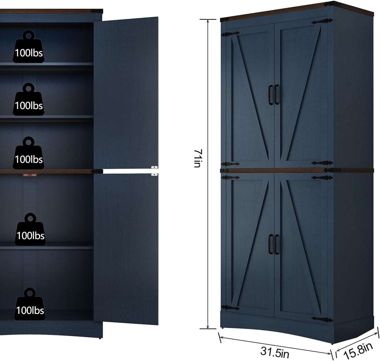 71in Farmhouse Kitchen Pantry Cabinet,Tall Storage Cabinet with 4 Doors and Adjustable shelves,with Load-Bearing Steel Pipe,Wood Storage Cabinets for Kitchen,Dining Room,Bathroom(Rustic Blue)