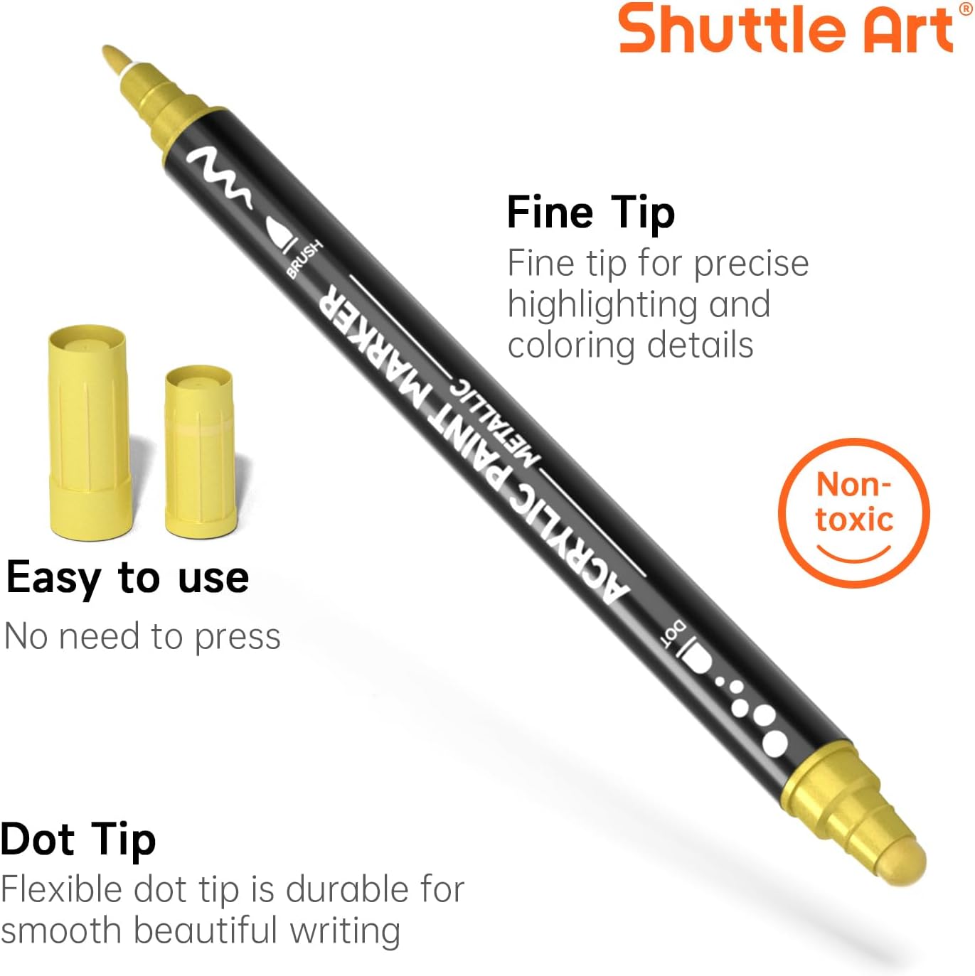 28 Metallic Colors Dual Tip Acrylic Paint Markers, Dot Tip and Fine Tip Acrylic Paint Pens for Rock Painting, Ceramic, Wood, Canvas, Plastic, Glass, Stone, Calligraphy, Card Making, DIY Crafts