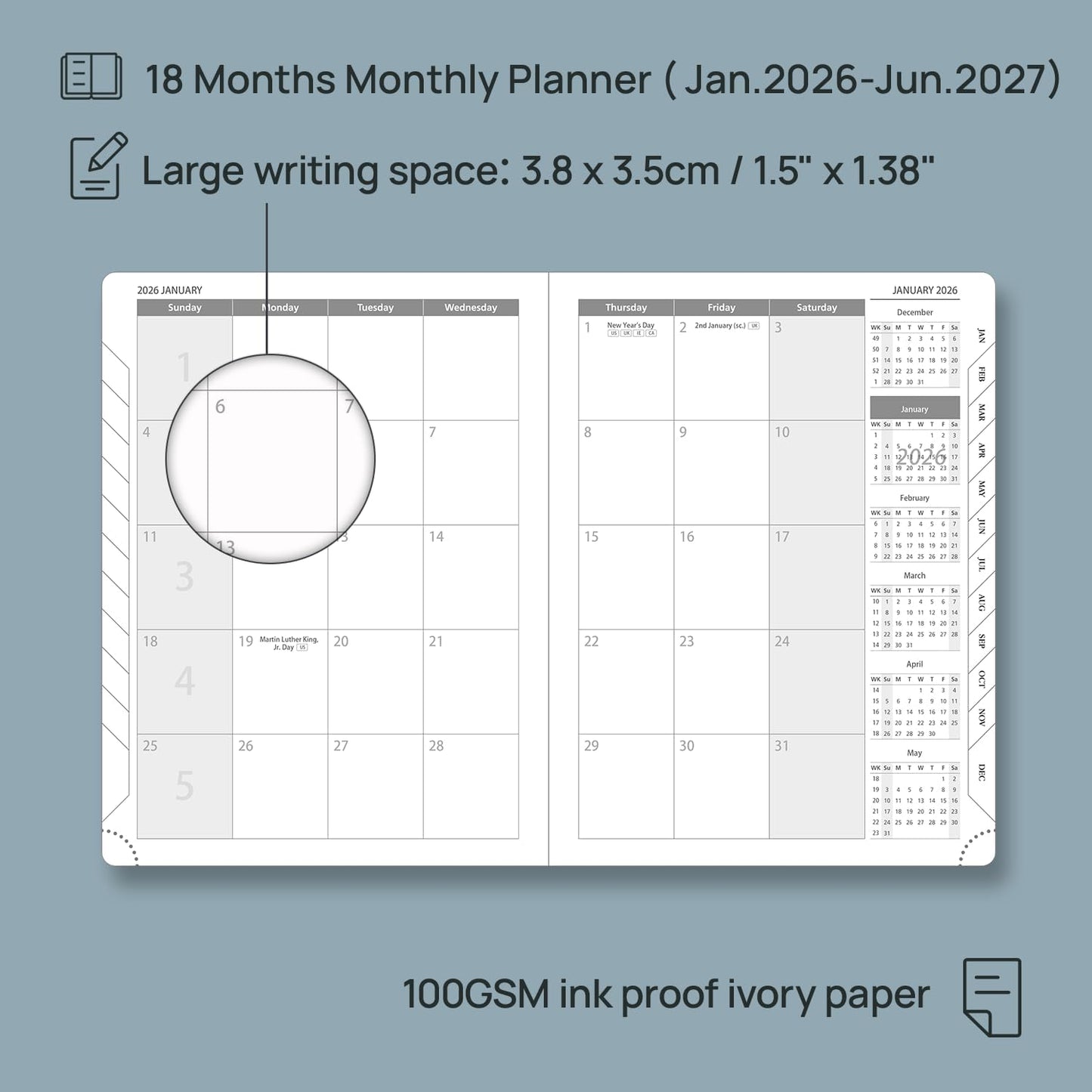 POPRUN Monthly Planner 2026-2027 (Medium- 6.5'' x 8.5'' Soft Cover), 18-Month Calendar Book (Jan.2026 - Jun. 2027), Calendar Planner with Monthly Tabs & Pocket, 100 GSM Paper - Blue