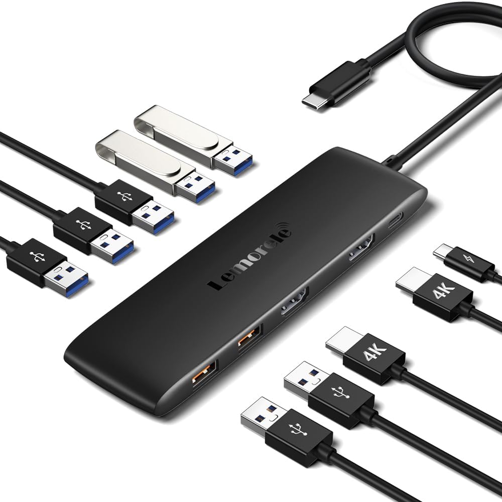 Lemorele 10 -in-1 USB C Docking Station for Laptop Dell Mac HP Lenovo, 10Gbps USB C Hub with 2 HDMI 4K, 4*USB 3.1 10Gbps Data Port, 100W PD Charging, 3 USB 2.0 for Keybord, Mouse