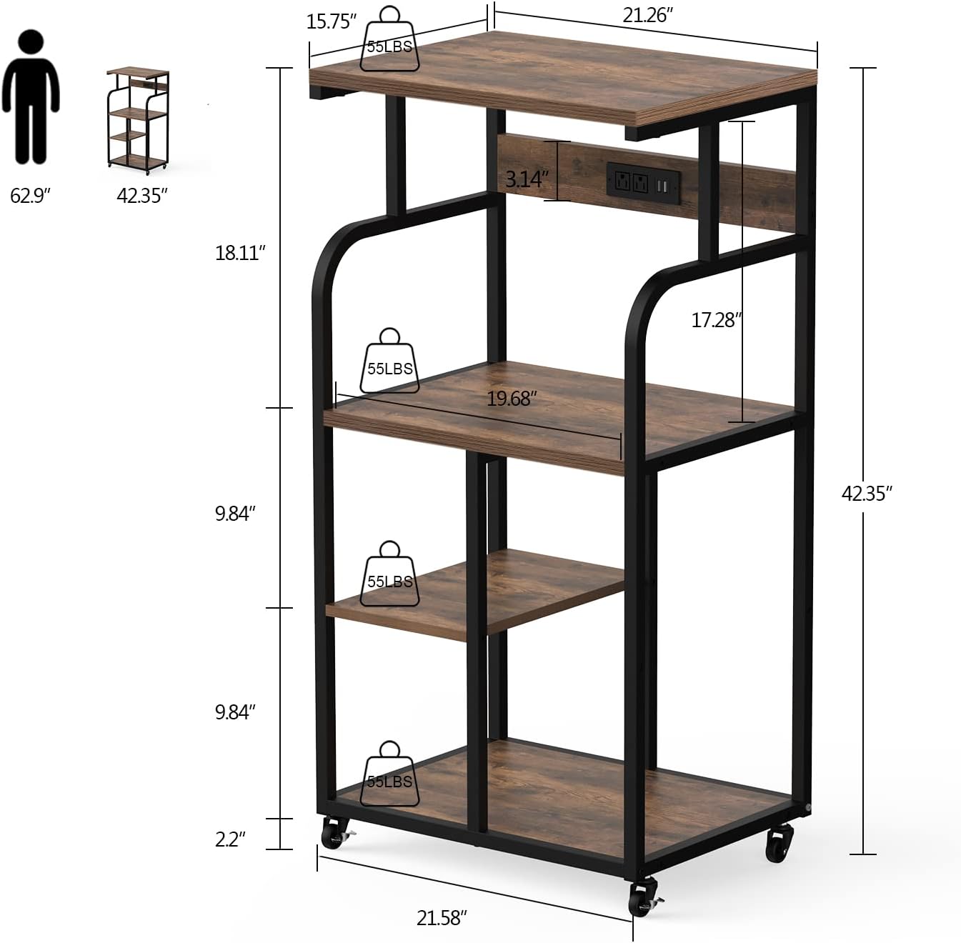 VEDECASA Large Printer Stand Cart with Charging Station USB Port 21.2"x15.7"x42.3" Tall 3-Tier Adjustable Shelf Storage Home Office Rolling Stand with Wheels