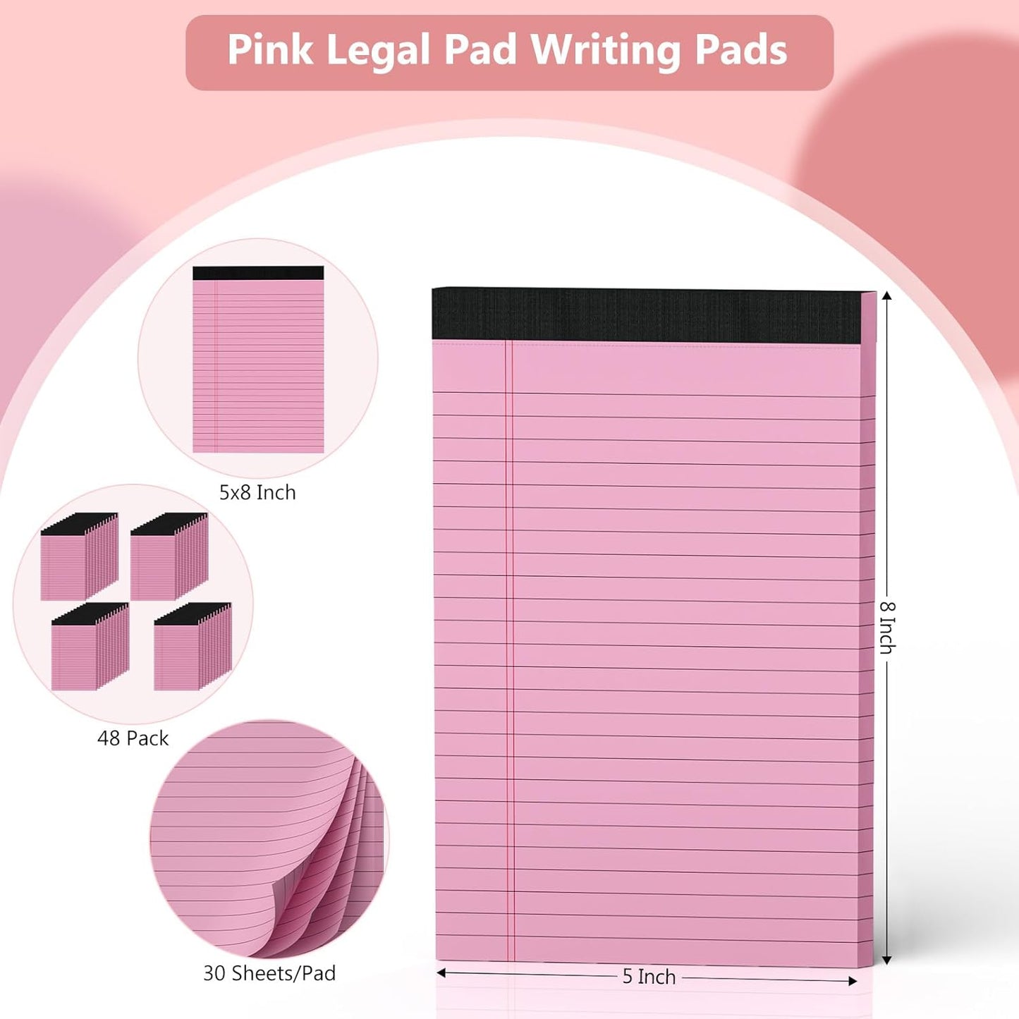 Legal Pads 5x8 Pink Note Pads, 48 Pack College Ruled Pink Notepads 5x8 Lined Paper, Small Notebook Writing Pads 30 Sheets Per Pink Paper Legal Pads for Home Office School Supplies