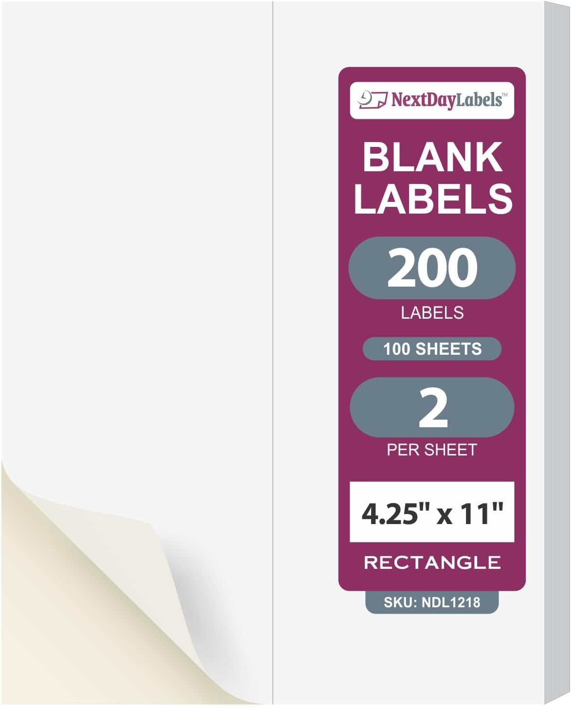 NextDayLabels – 4-1/4" x 11" Rectangular Sticker Labels for Printer - White Laser/Inkjet Printer Labels Return Address Labels Shipping Label Stickers (100 Sheets, 2 Per Sheet, 200 Labels)