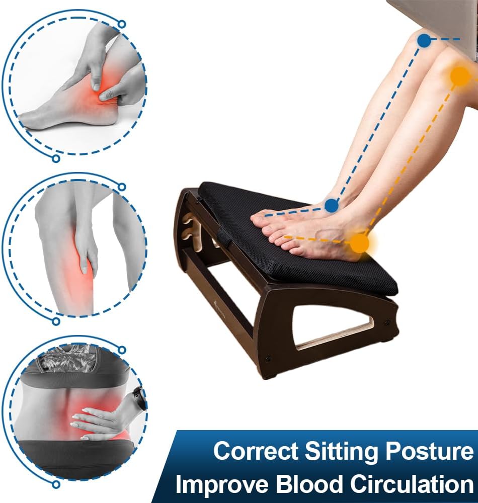StrongTek Wood Ergonomic Footrest - 4-Angle Adjustable Foot Stool for Desk, Office Footrest, Anti-Slip Foot Stand for Under Desk, Enhances Posture, Promotes Blood Circulation, Easy Assembly (Espresso)