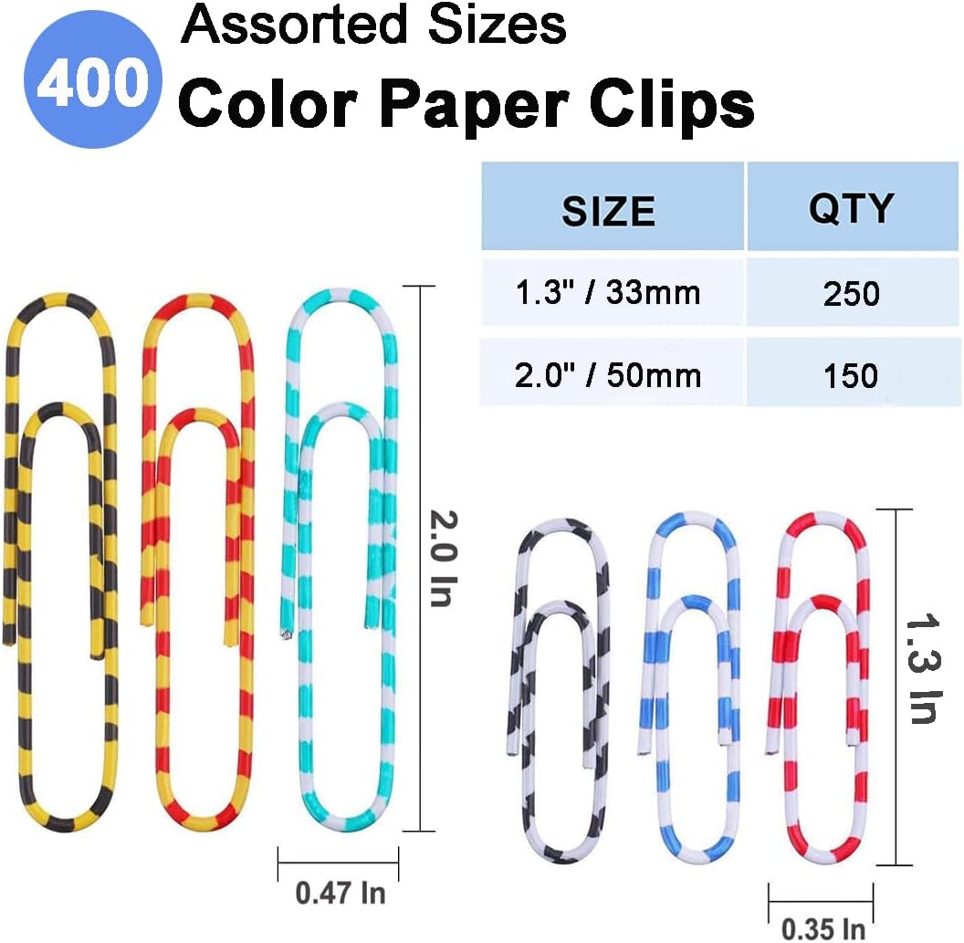 Vinaco Paper Clips Color Stripe, 400PCS Medium & Large (1.3 inch & 2 inch) Paper Clip Assored Size, Durable and Rustproof, Vinyl Coated Paperclips Colorful for Office School Document Organizing