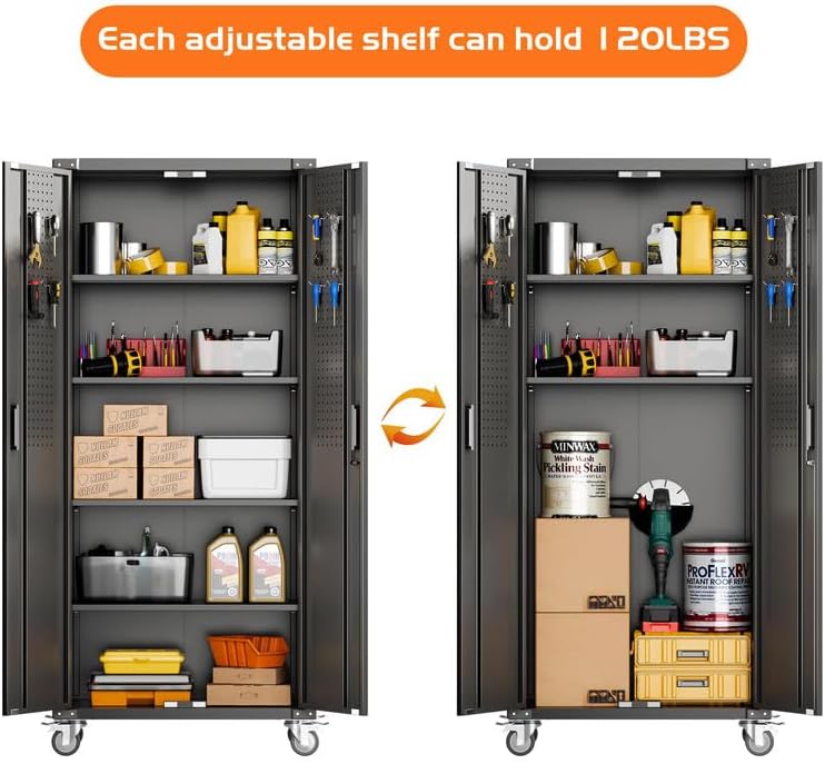 Aobabo Garage Storage Cabinet with Wheels,72" H Metal Storage Cabinet with 2 Doors and 4 Adjustable Shelves for Garage Home, Black,Required-Assembly