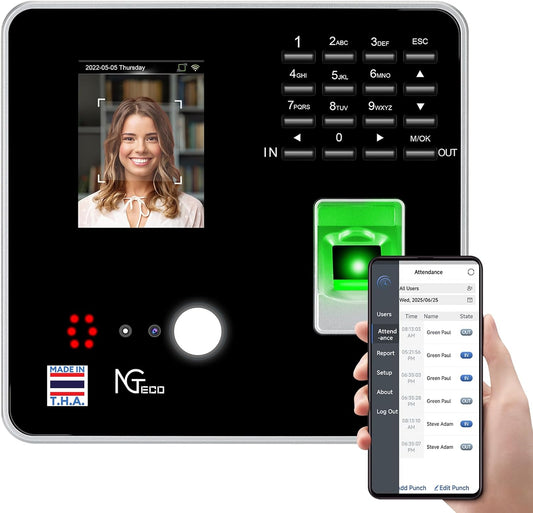 NGTeco Time Clocks for Employees Small Business with Face, Finger Scan, RFID and PIN Punching in One, MB2 Office Time Card Machine Automatic Punch with APP for iOS Android (0 Monthly Fee)