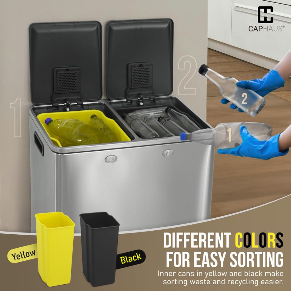 CAPHAUS Black Dual Trash Can w/Double Lid, Trash & Recycle Bins Combo, Hands-Free Stainless-Steel Garbage Can for Kitchen, with 2 Compartment, Hinged Lid, Odor Filters, Handles, 25L+25L, 2 x 6.6 Gal