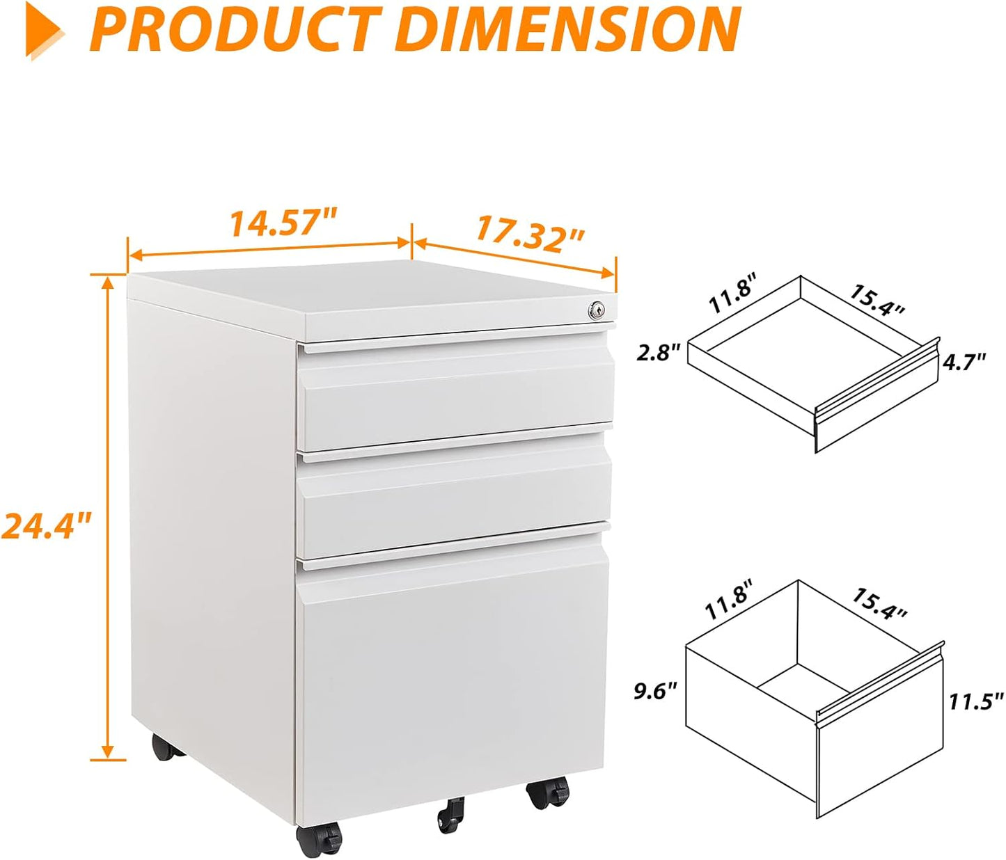 3 Drawer File Cabinet with Wheels, Metal Filing Cabinet with Lock, Office Rolling File Cabinets for A4/Legal/Letter Size, Assembly Required, White