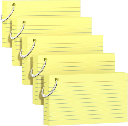 250 Count Yellow Index Cards 3x5 Inch with Key Ring, Color Flash Index Card (50 Sheets Each), Durable & Portable Note Taking for Students, Teachers, Study Note Cards for Office Home School