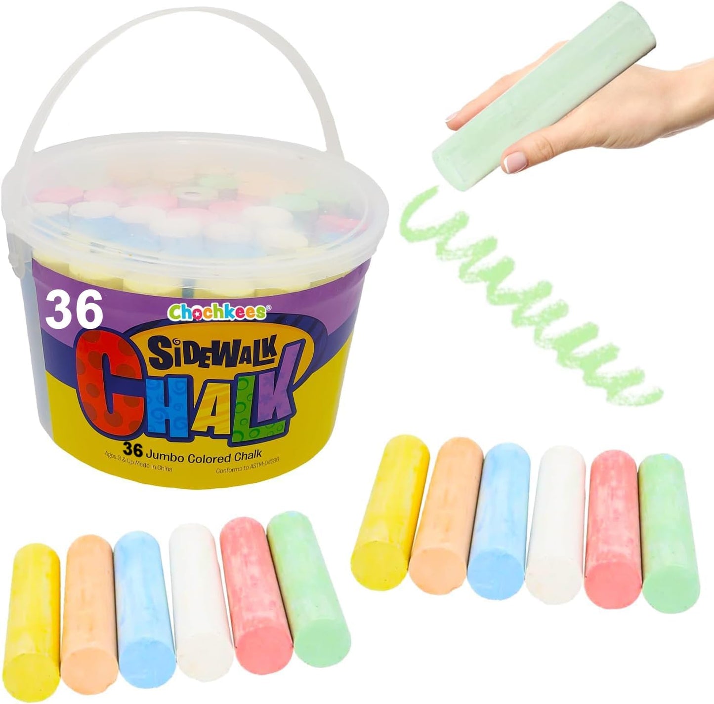 36 Jumbo Sidewalk Chalk, Jumbo chalk great for outdoor art, Sidewalk Chalk for Kids, 6 Assorted Neon Colored Chalk, Perfect For Party Favors, 4" Inches (36 Jumbo Chalk Sticks)