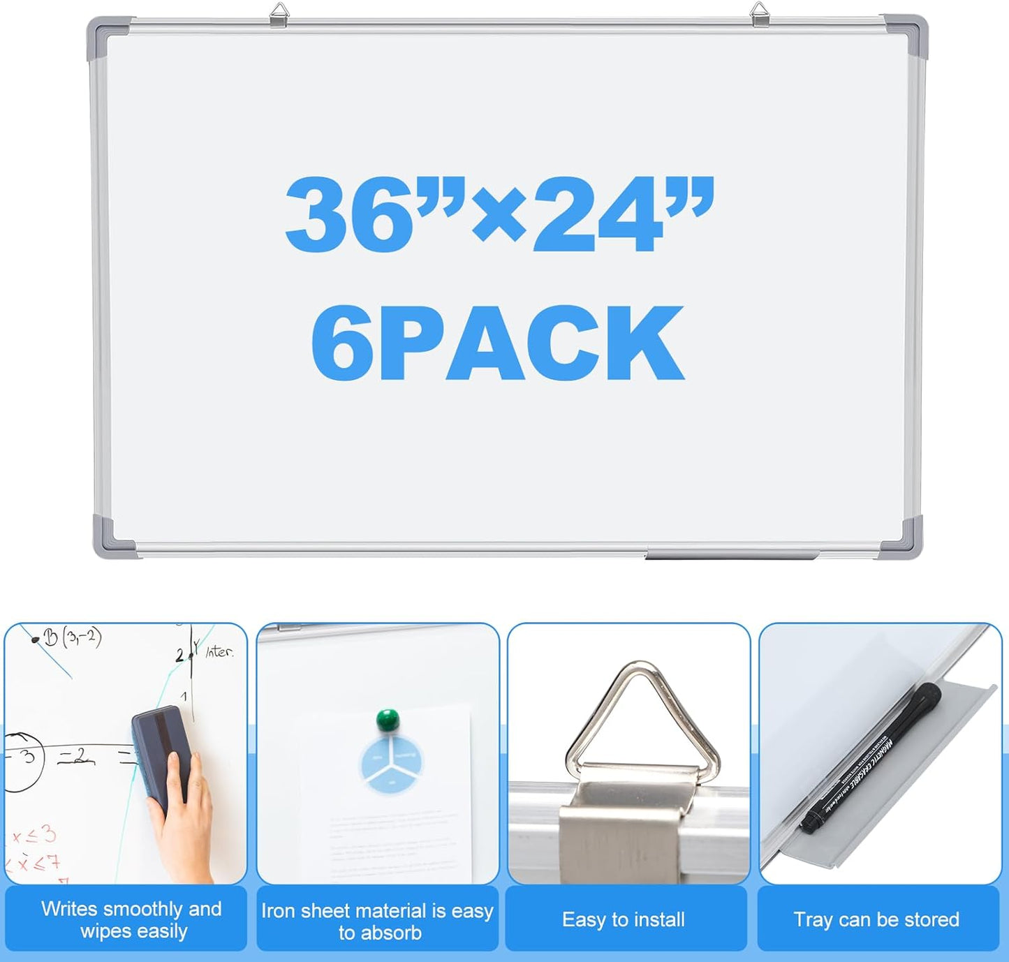 Tinlade 6 Pack Magnetic Dry Erase Whiteboard Message Presentation White Board White Board Dry Erase Aluminum Frame Hanging Whiteboard for School Home Office (36 x 24 Inches)