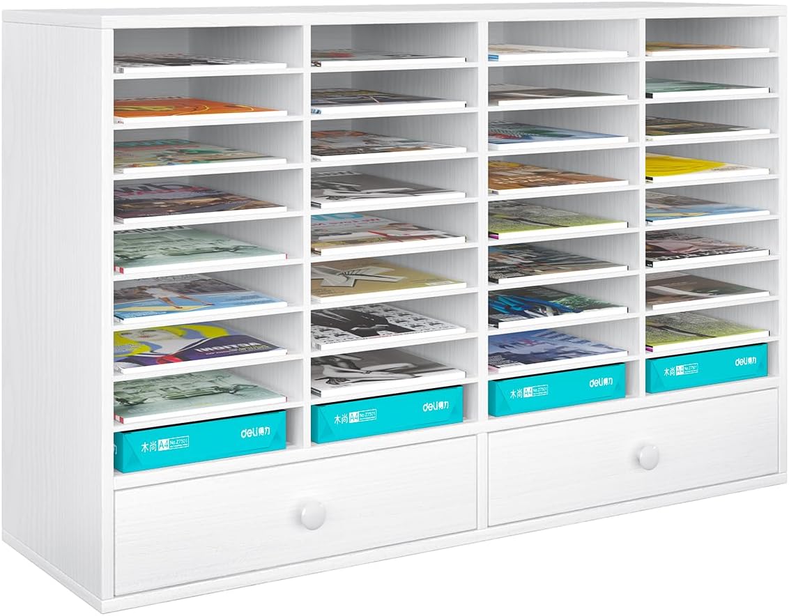 Mail Sorter Wood Literature Organizer, Student Mailbox for Classroom, Desktop Bill Paper Holder for Office Home School, 38 Compartments, White