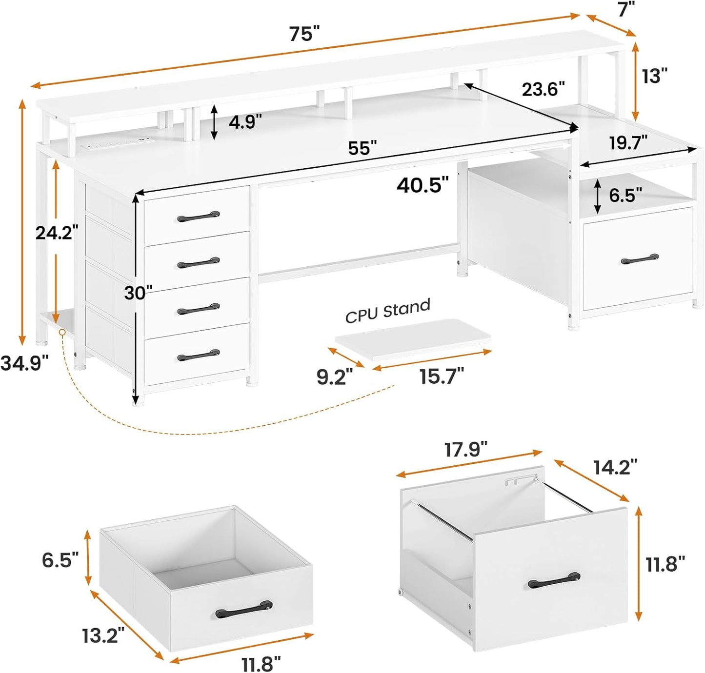 SEDETA White Computer Desk with 5 Drawer & Power Outlet, 75'' Home Office Desk with File Drawer, Storage Shelves, Printer Cabinet and Monitor Shelf, Gaming Desk with Led Lights, 23.6" W Desktop