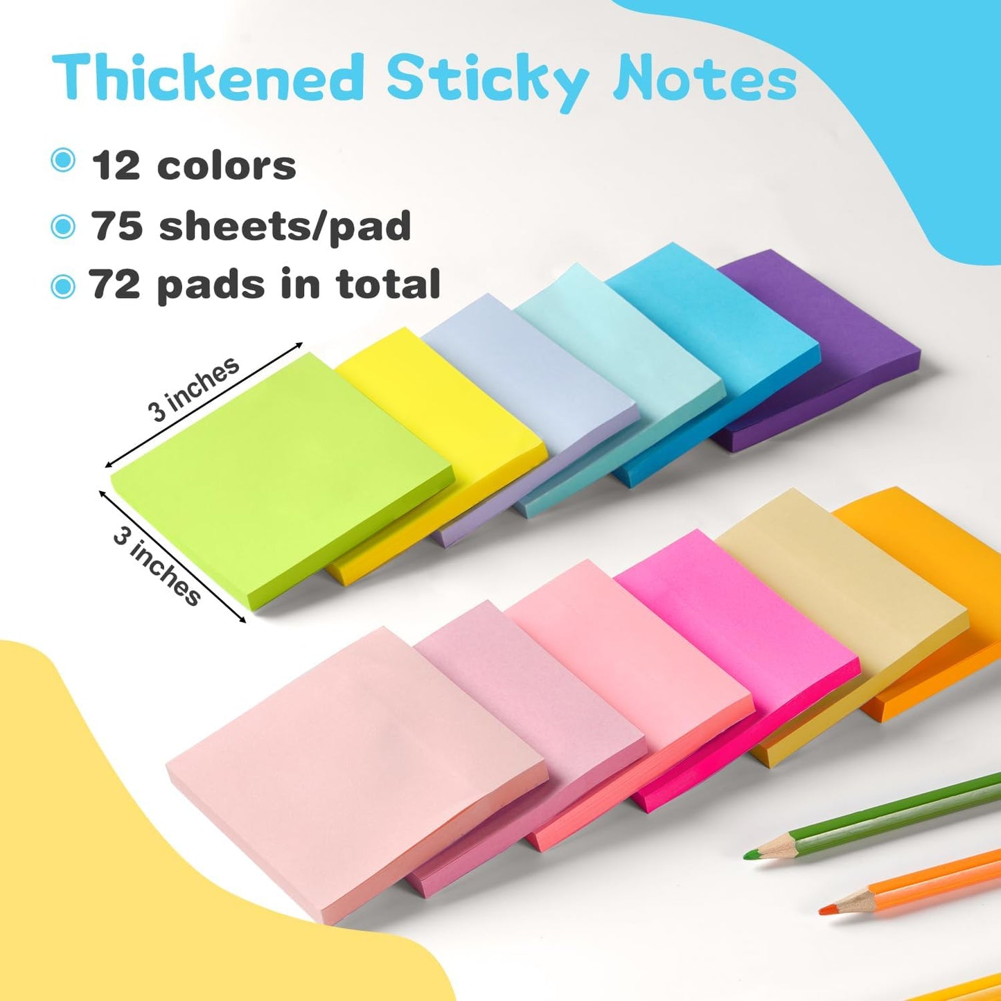 Sticky Notes 3x3 Inch Bulk 72 Pads - 12 Assorted Color Self-Stick Memo Pads for Students, Office, Home Organization Easy to Post for Planners, Fridge, Laptops (5400 Total Sheets)