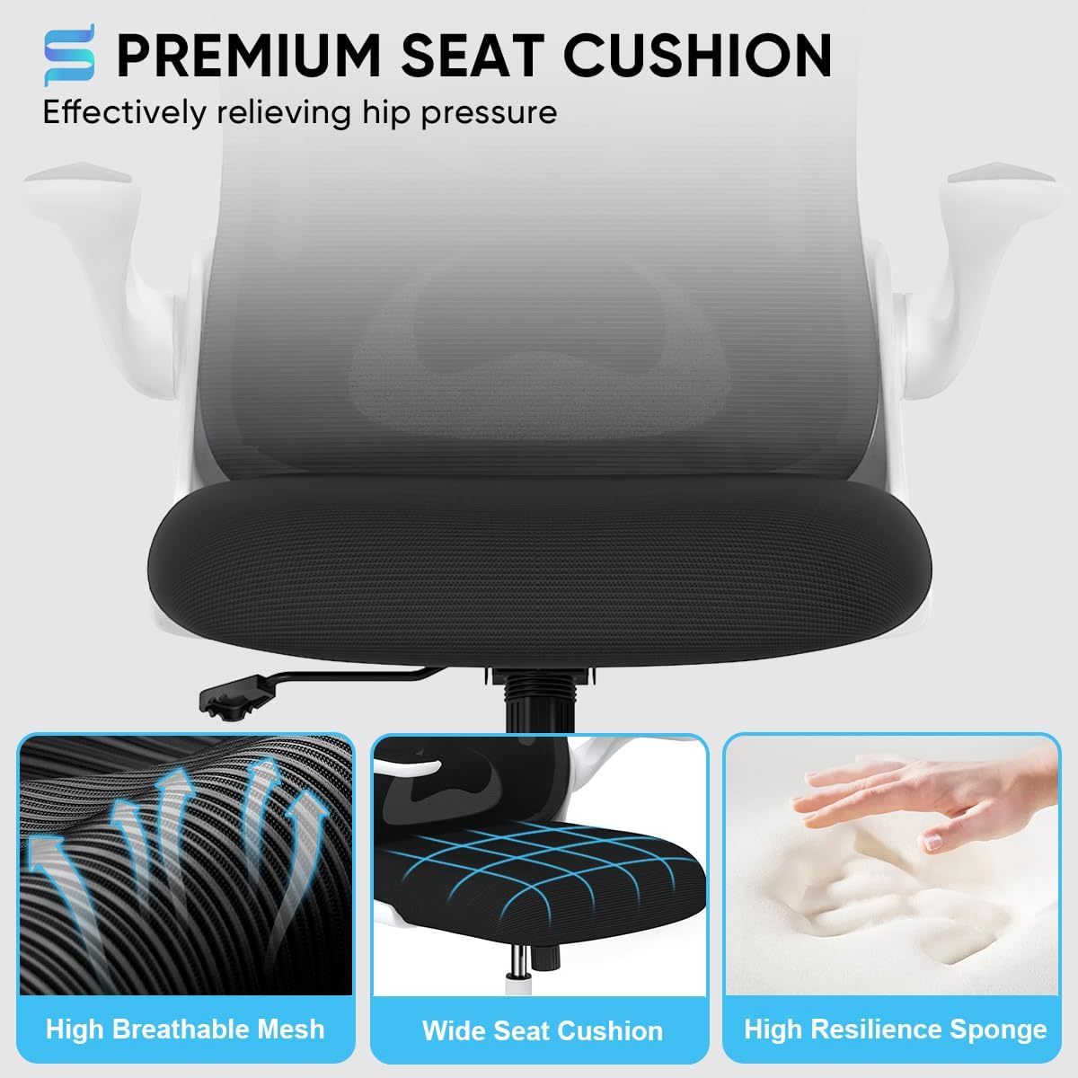 Sytas Ergonomic Desk Chair with Padded Flip up Arms and Supportive Lumbar Support, Breathable Mesh Home Office Chair with Comfortable Cushion for Home or Office(White)